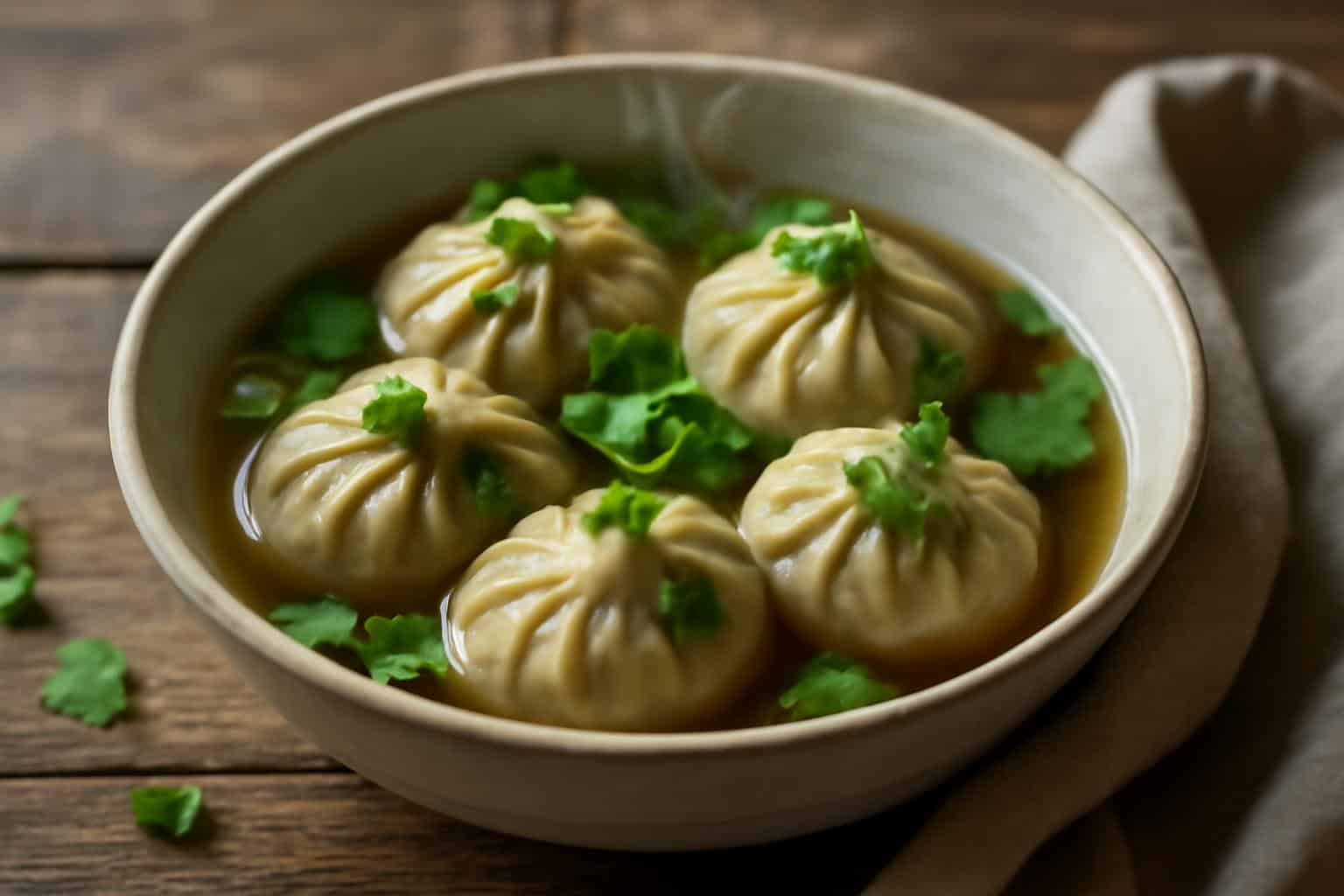 Steaming vegetarian soup dumplings in a vegetable broth with green onion garnish