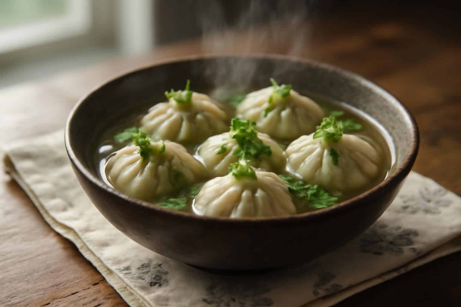 Steaming vegetarian soup dumplings in a bowl garnished with fresh greens, vegetarian soup dumplings