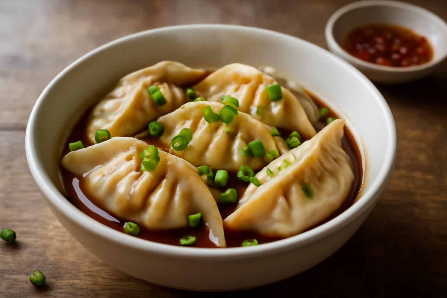 Steaming vegetarian soup dumplings pot stickers served in a bowl with green onion garnish