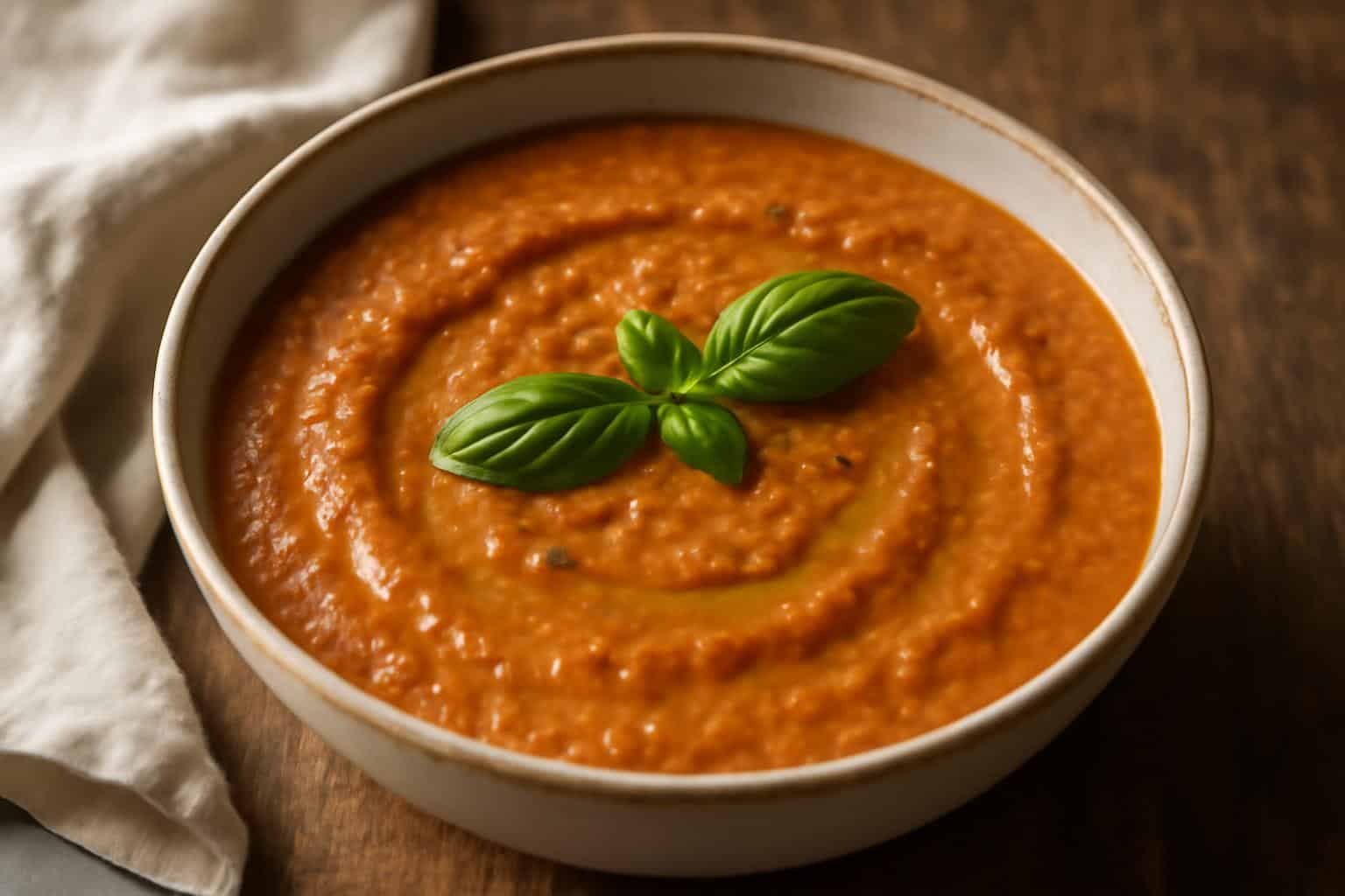 Velvety sun-dried tomato lentil soup served in a rustic bowl garnished with basil and olive oil