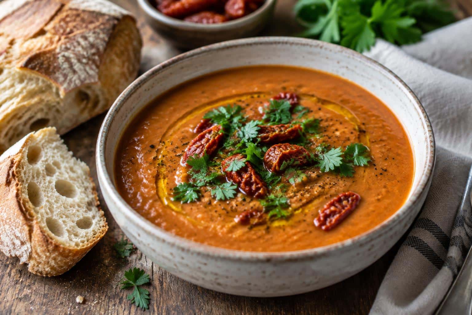 Bowl of velvety sun-dried tomato lentil soup garnished with parsley and olive oil
