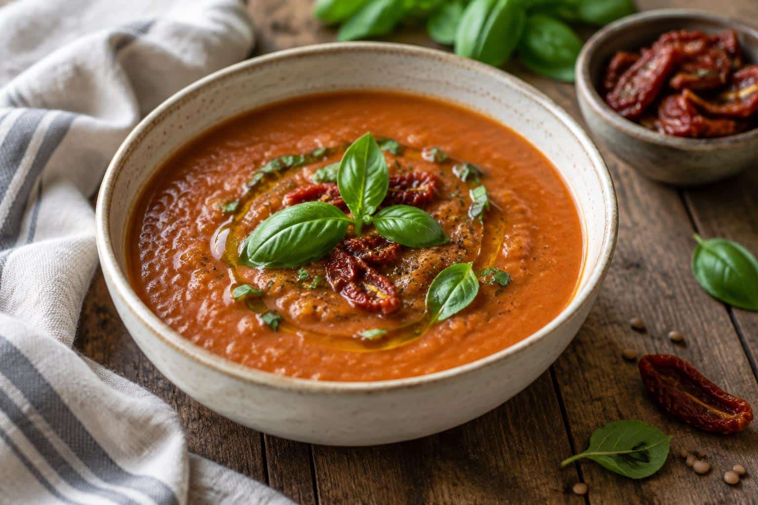 Bowl of velvety sun-dried tomato lentil soup garnished with basil and olive oil