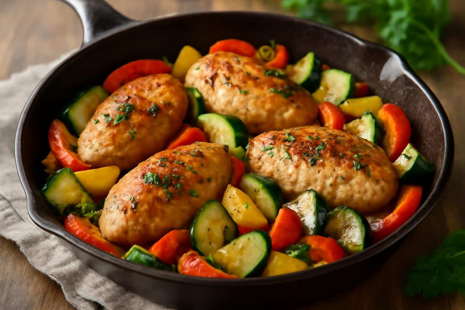 Very yummy chicken and veggie skillet with colorful vegetables and herbs in a cast iron pan