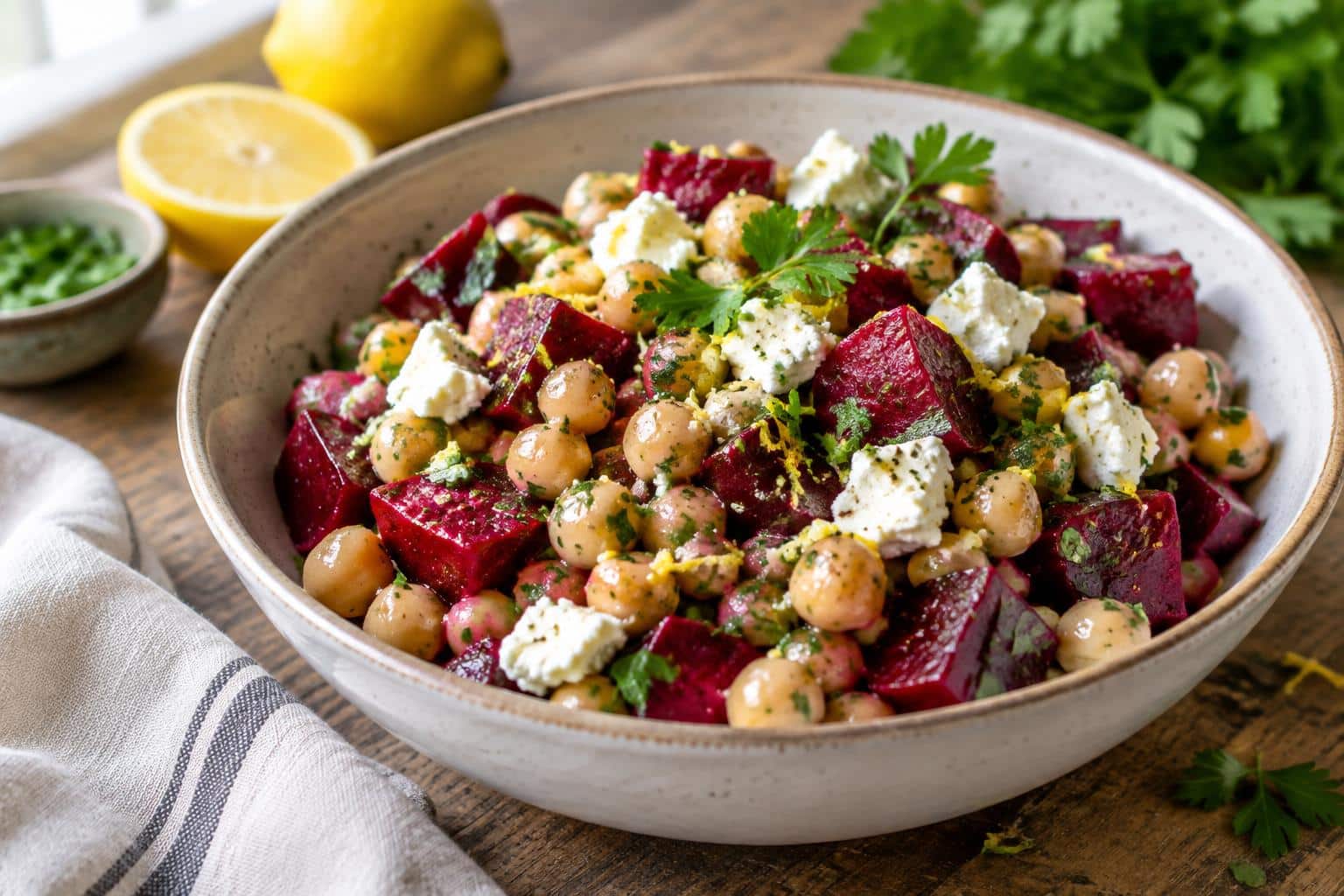 A colorful chickpea beet salad with zesty lemon feta dressing served in a bowl