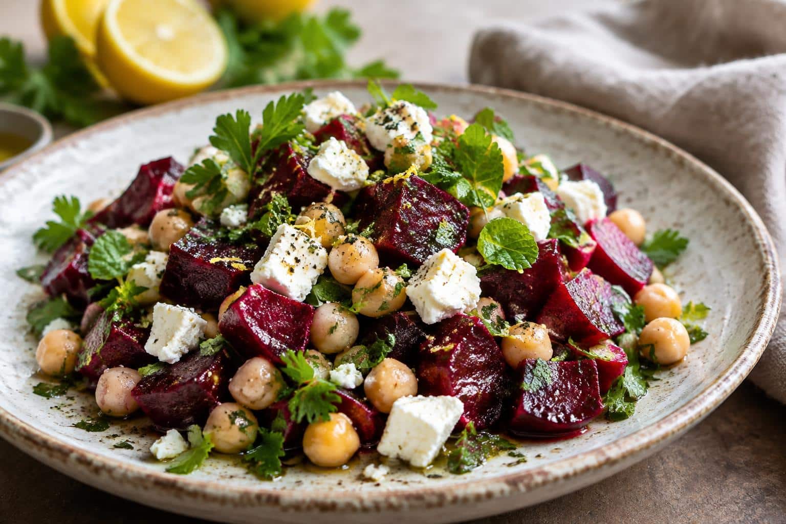 Vibrant chickpea beet salad with zesty lemon feta dressing garnished with fresh herbs