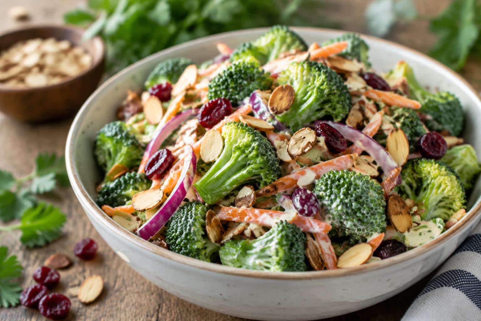 Vibrant crunchy broccoli salad with fresh vegetables and creamy dressing