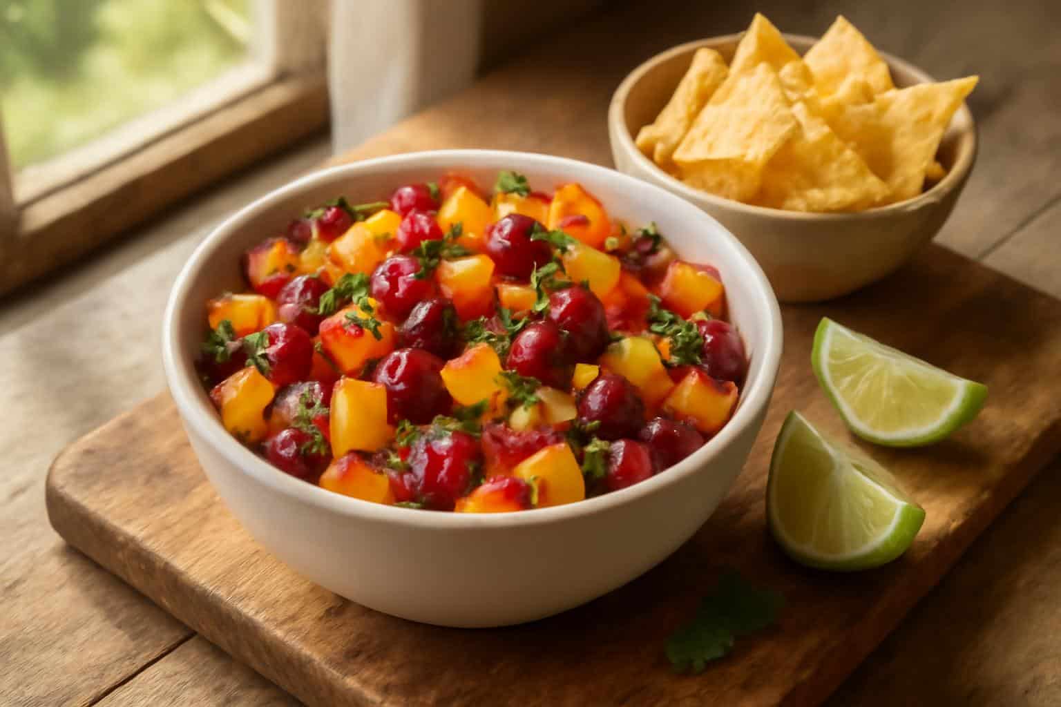 Freshly made peach cherry salsa in a rustic bowl with lime wedges and tortilla chips, highlighting peach cherry salsa