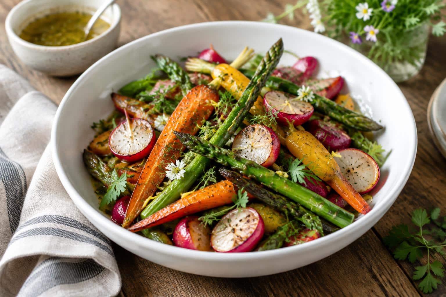 Vibrant spring salad with flavorful roasted veggies in a white bowl, garnished with fresh herbs