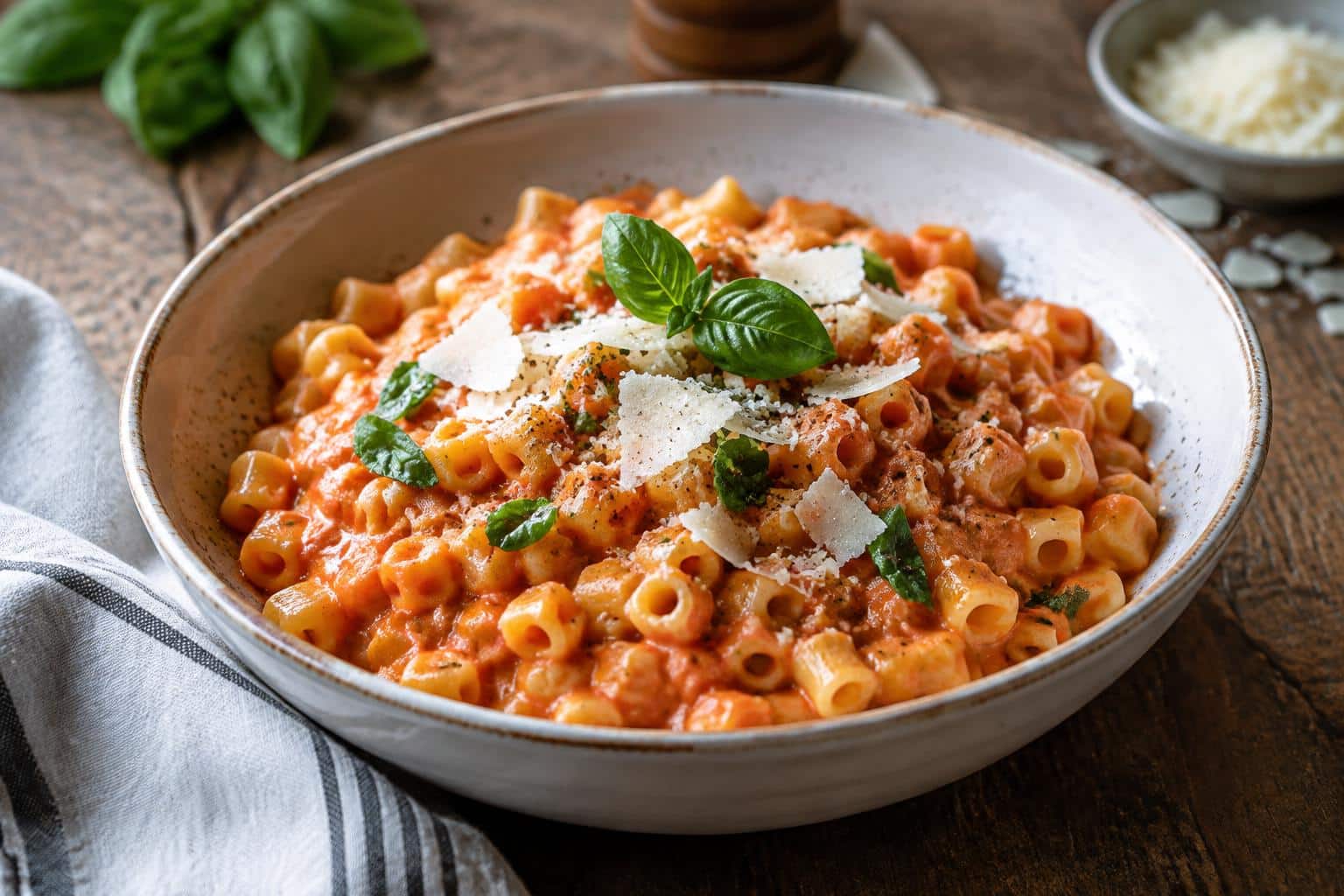 Viral ditalini pasta in creamy tomato sauce garnished with fresh basil and parmesan