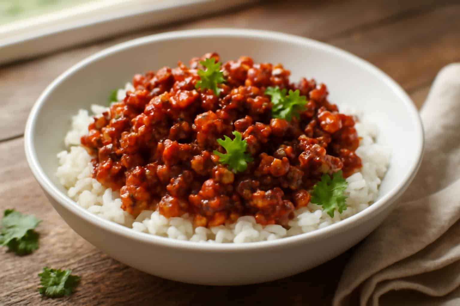 Viral hot honey ground beef bowl garnished with cilantro and served over rice