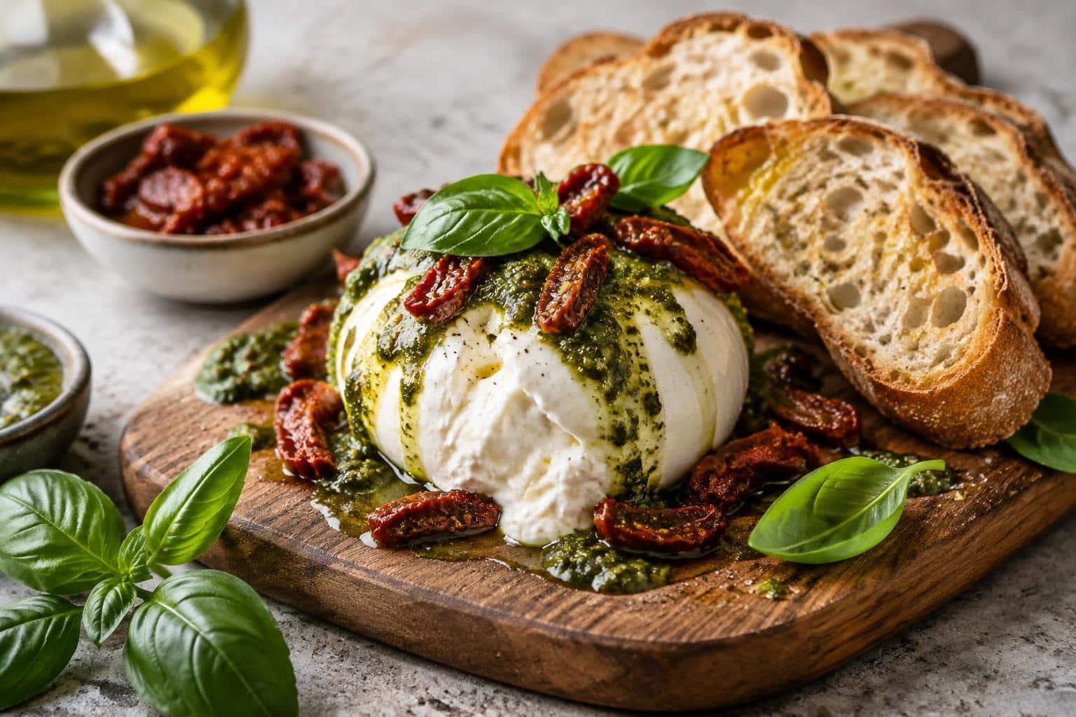 Warm burrata tapas board with sundried tomatoes and pesto drizzle on rustic wooden board