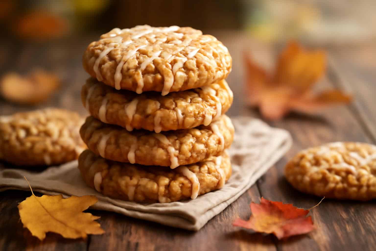 Warm cinnamon apple oatmeal cookies with caramelized apples and sweet glaze on rustic surface