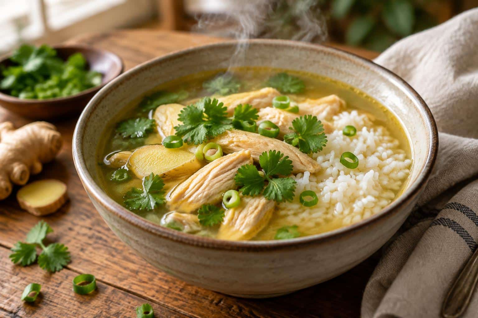 A bowl of ginger chicken soup with rice, garnished with cilantro and green onions