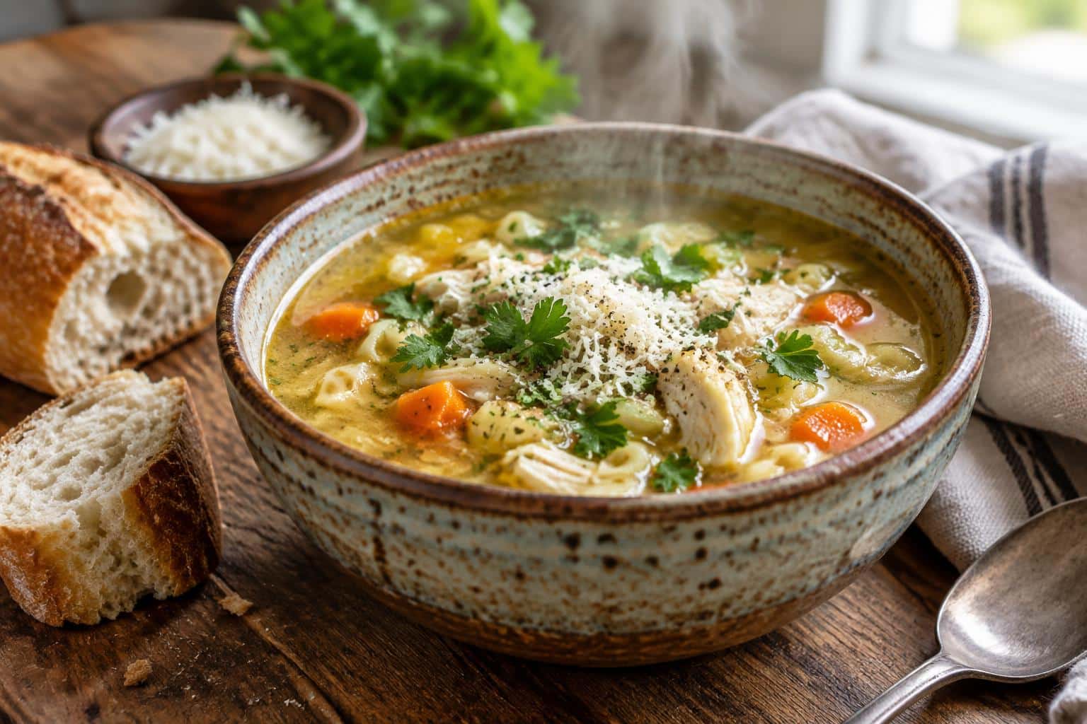 Hearty Italian penicillin soup in rustic bowl garnished with parsley and Parmesan cheese
