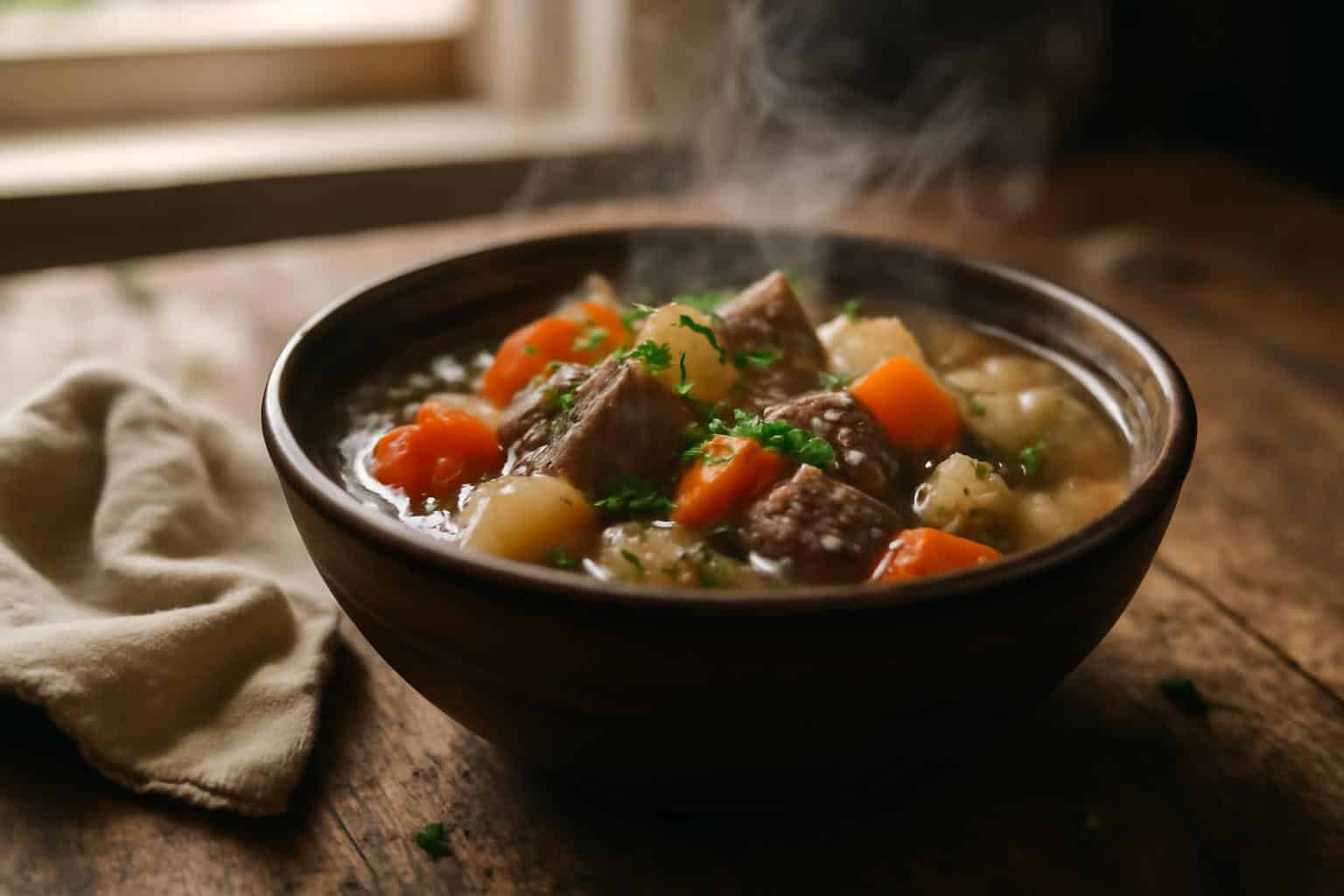 Hearty crockpot winter soup with vegetables and herbs in a bowl, warm and comforting