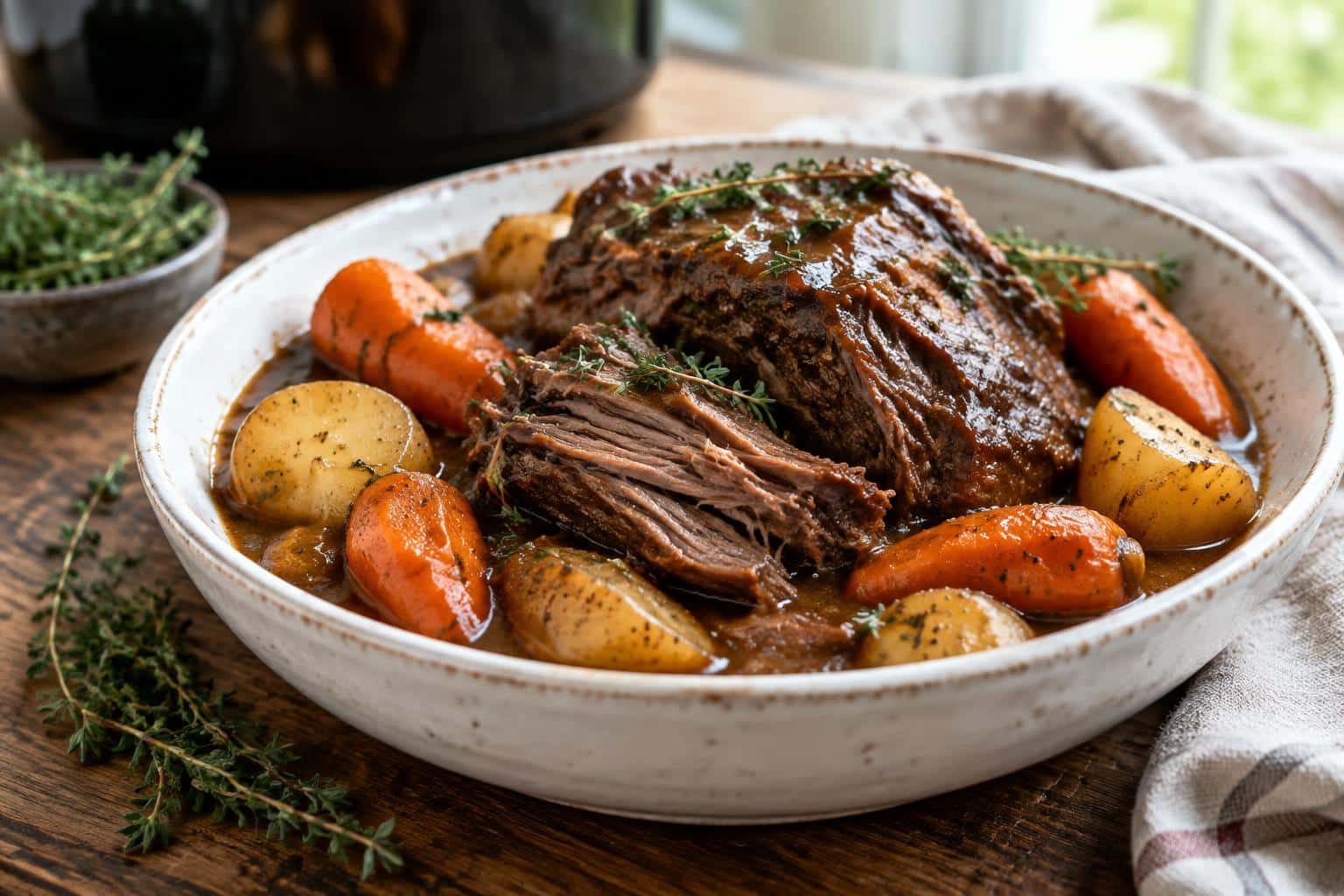 Tender crockpot pot roast with carrots and potatoes served in a white bowl, showcasing the crockpot pot roast