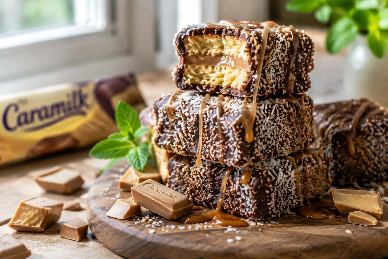 Stack of homemade caramilk lamingtons with caramel drizzle and chocolate coating