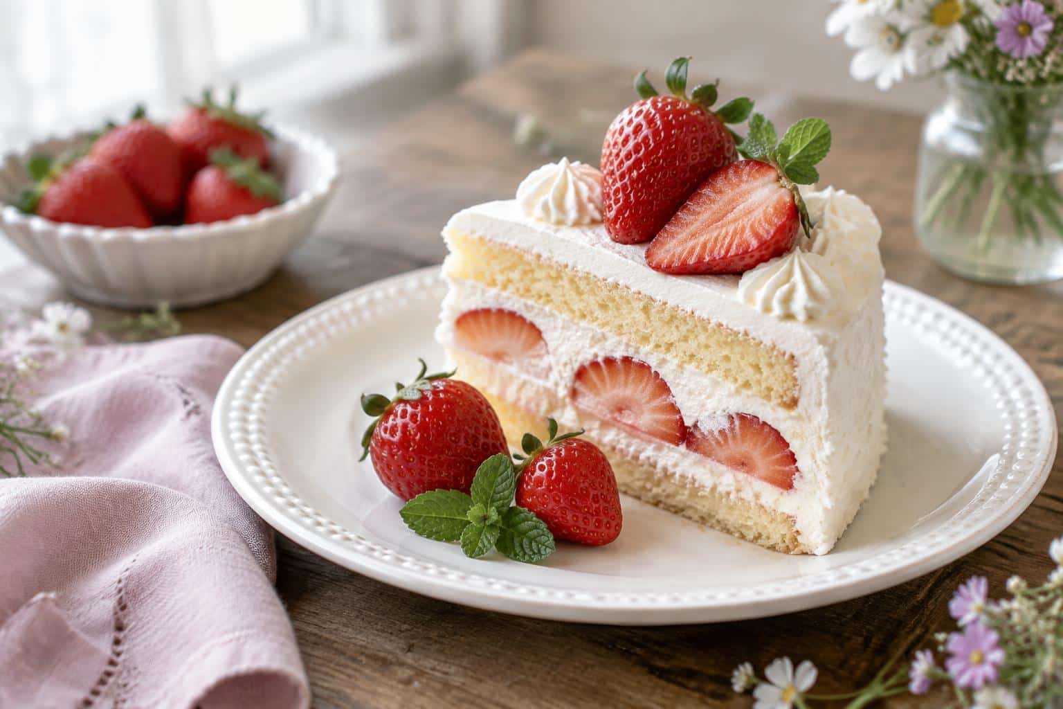 Slice of whipped cream strawberry cake garnished with fresh strawberries and mint leaves