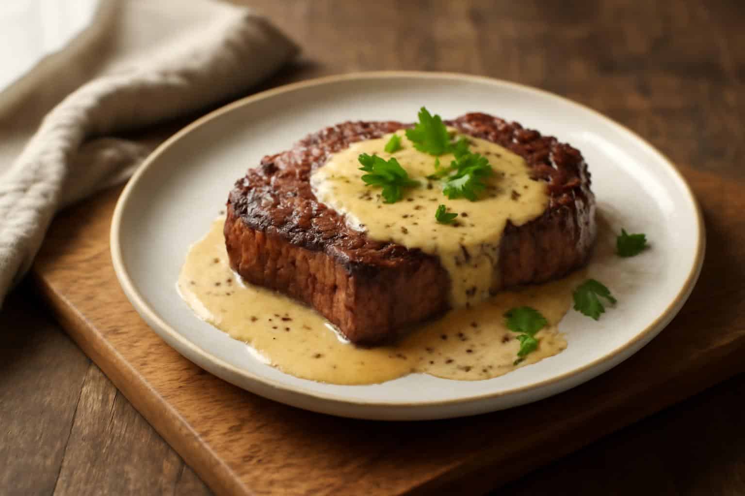 Whiskey cream Irish steaks recipe plated with creamy sauce and fresh parsley garnish