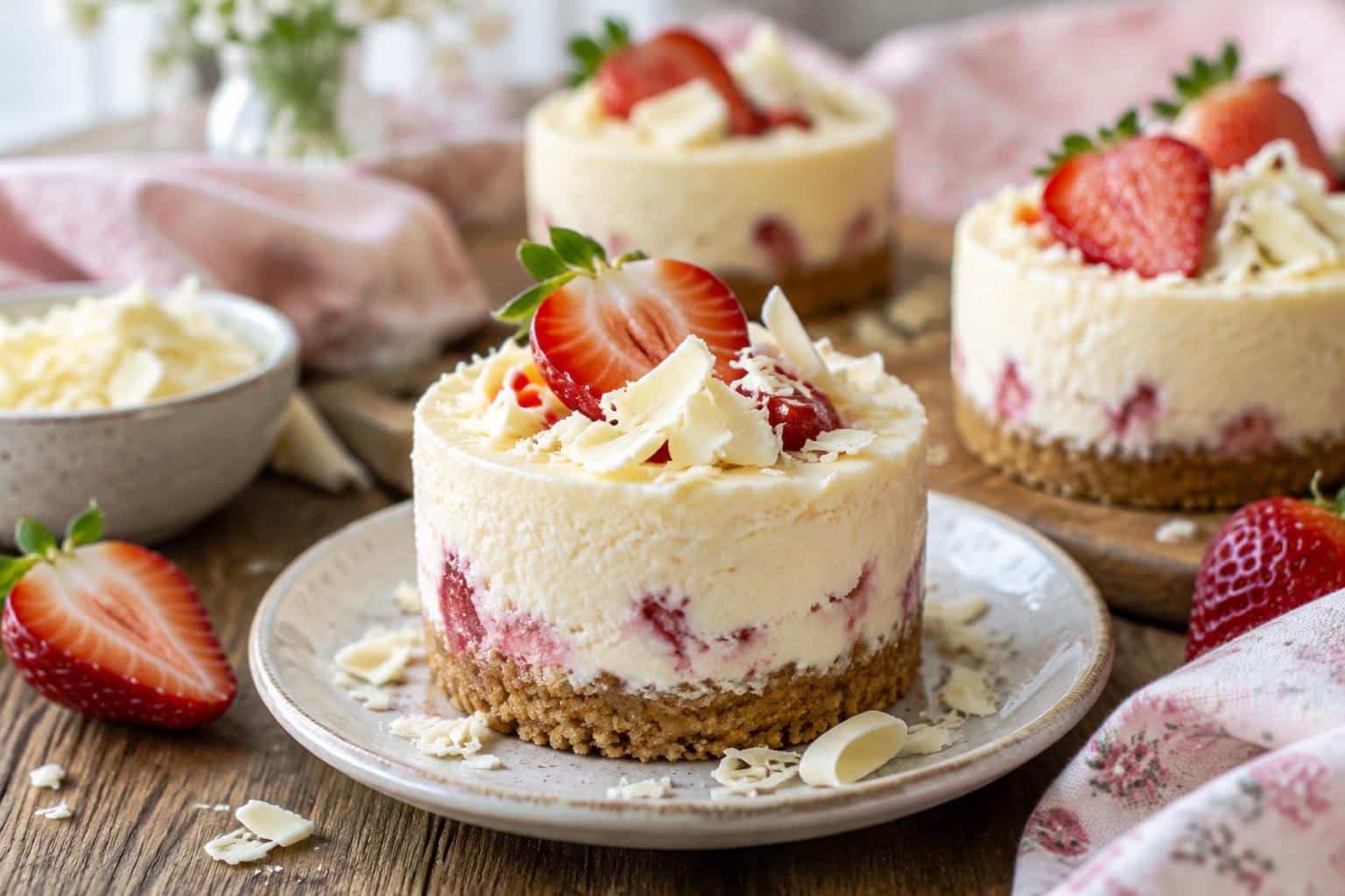 White chocolate cheesecake mini desserts topped with fresh strawberries and white chocolate shavings