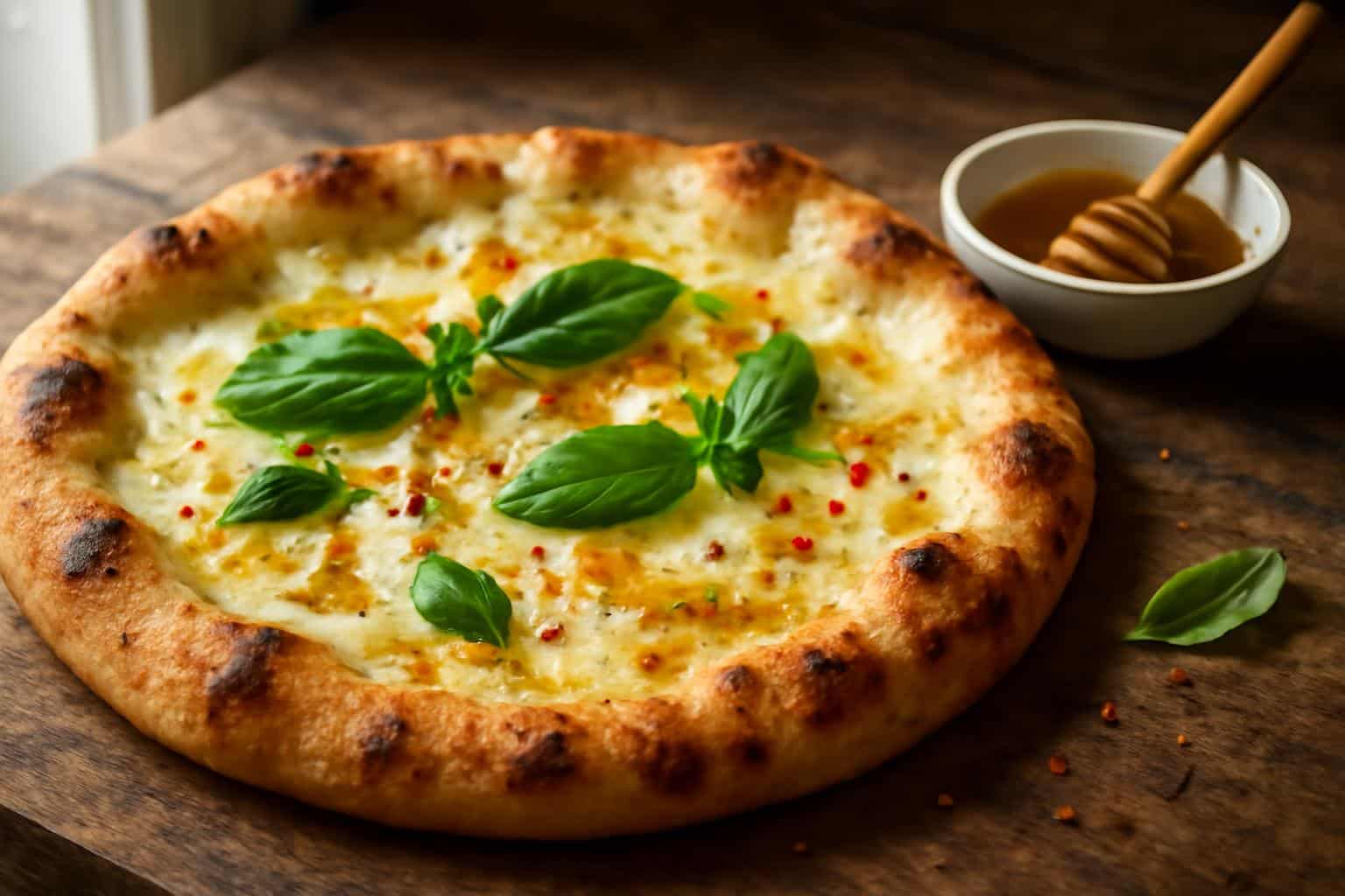 White pizza topped with melted cheese and drizzled with spicy hot honey on a rustic wooden board