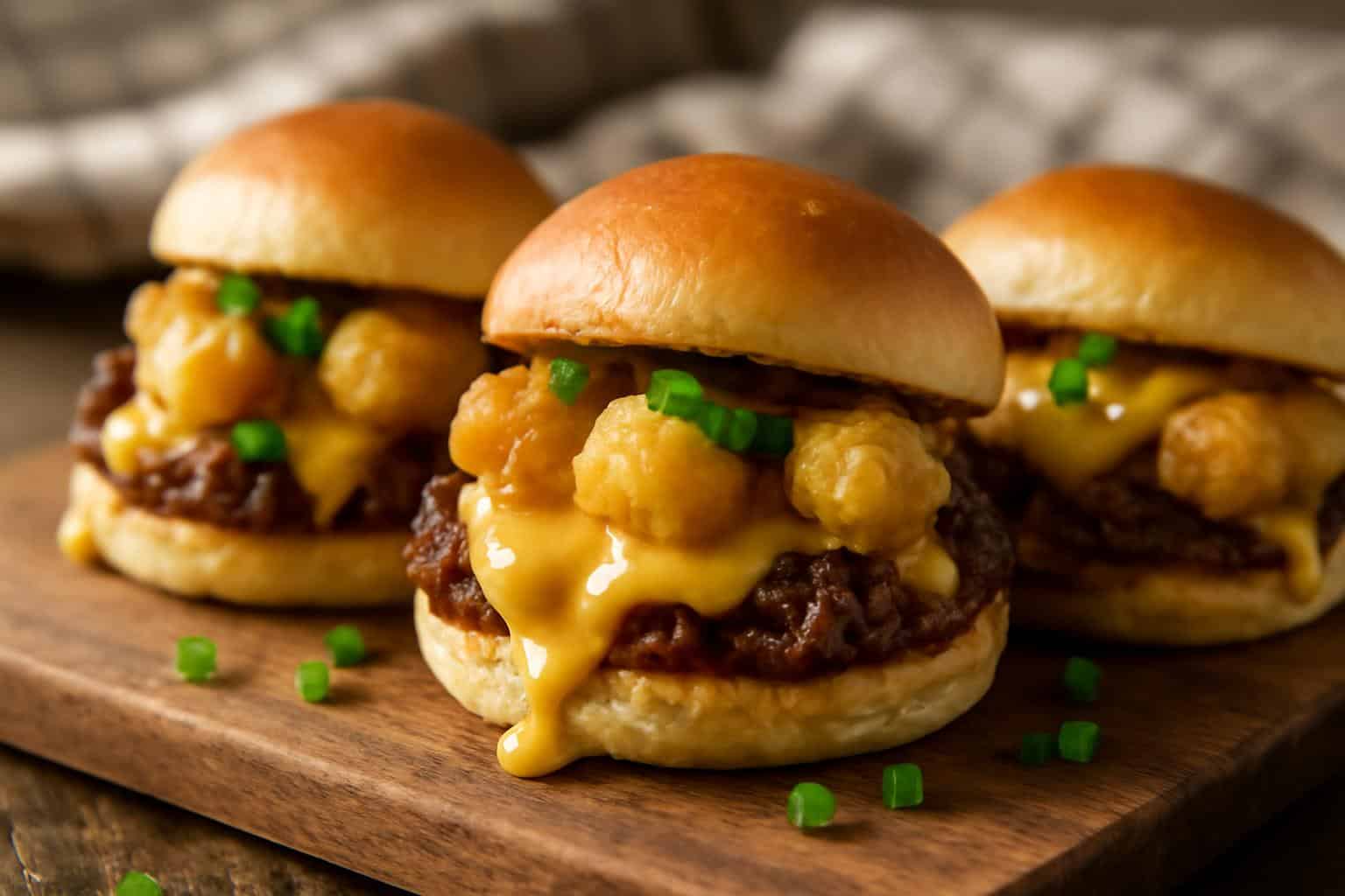 White trash sliders with melted cheese and crispy tater tots on toasted buns