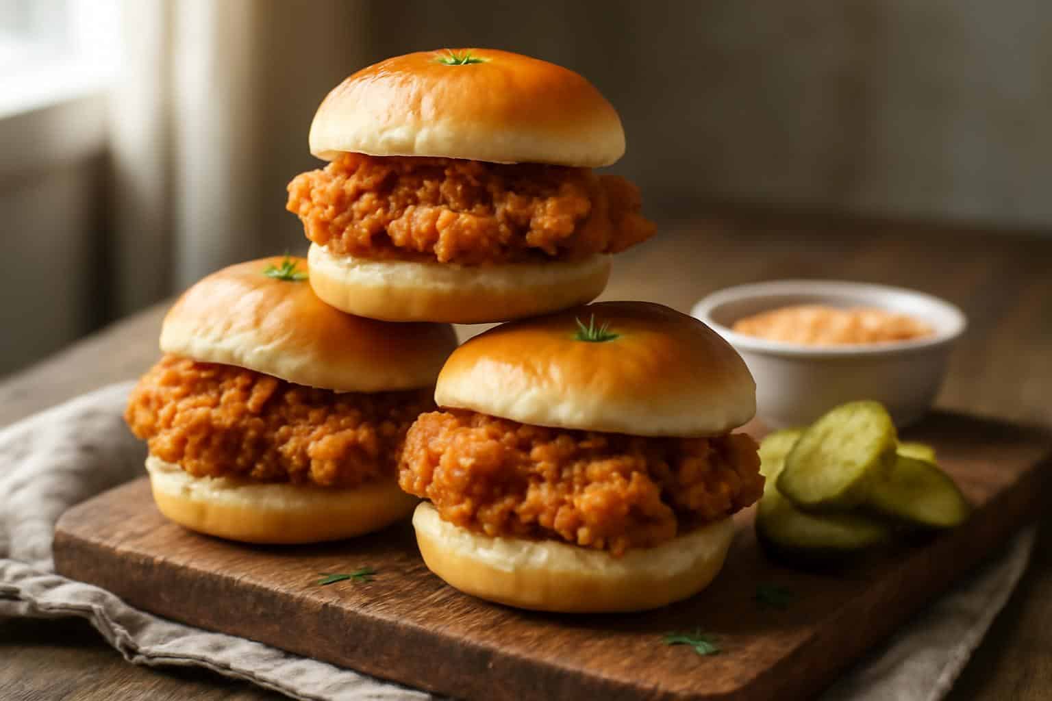 Golden crispy white trash sliders stacked with melted cheese and hash browns on rustic wooden board