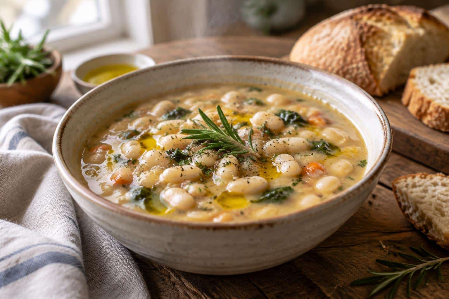 Creamy Tuscan white bean soup garnished with rosemary and olive oil in a rustic bowl