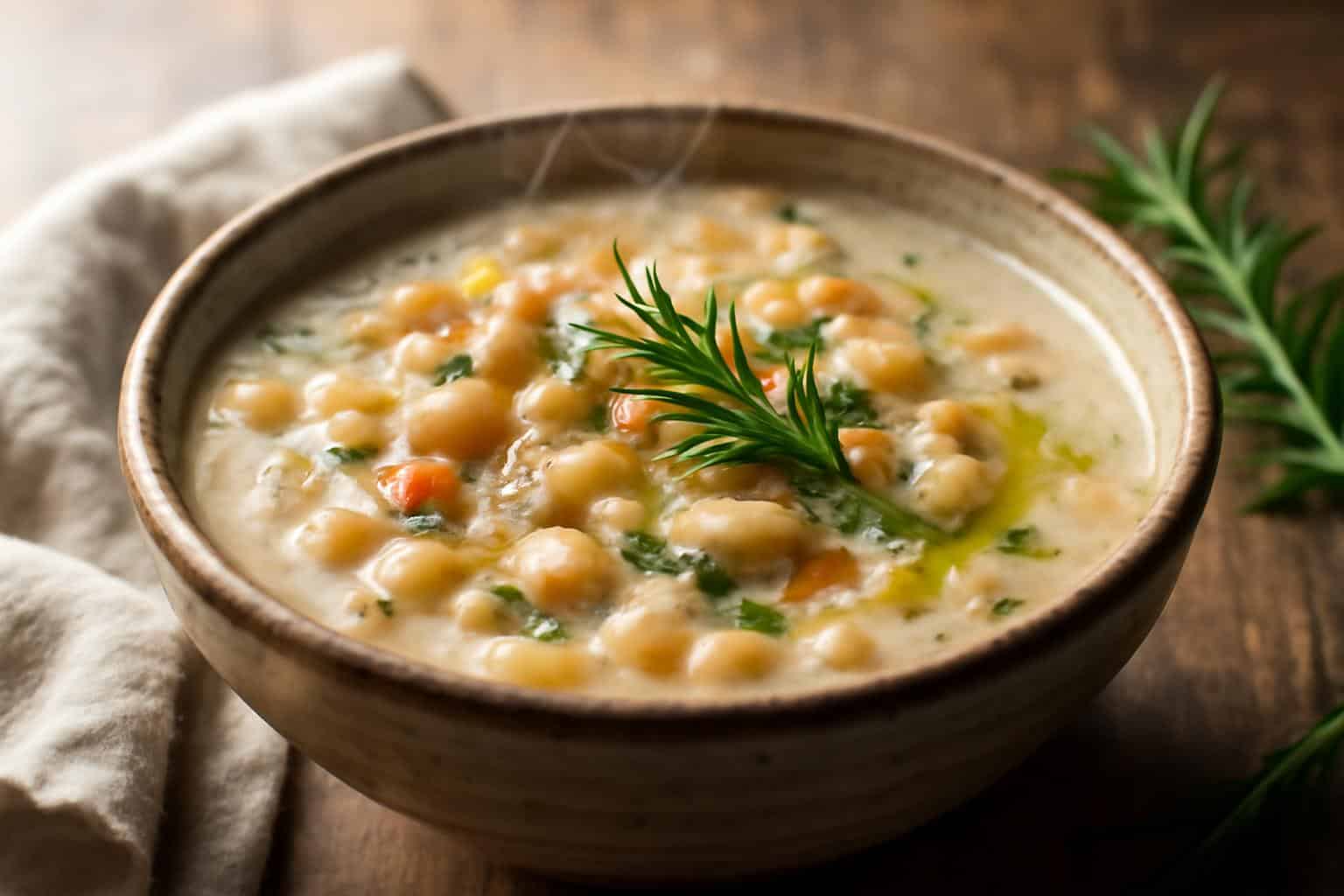 Tuscan white bean soup in a rustic bowl garnished with rosemary and olive oil