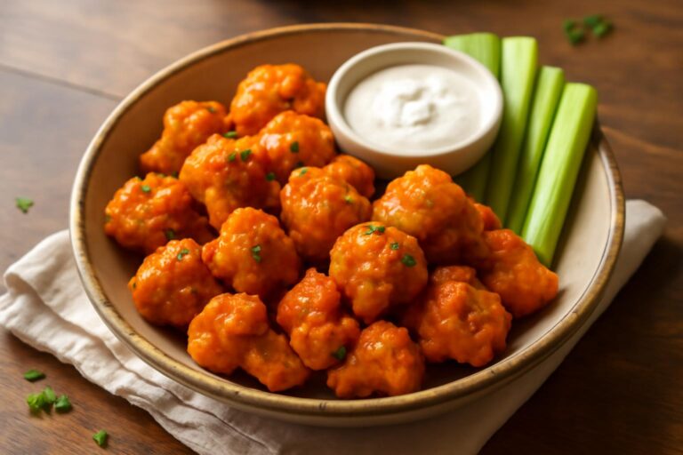Crispy buffalo cauliflower bites tossed in spicy buffalo sauce with celery and ranch dip