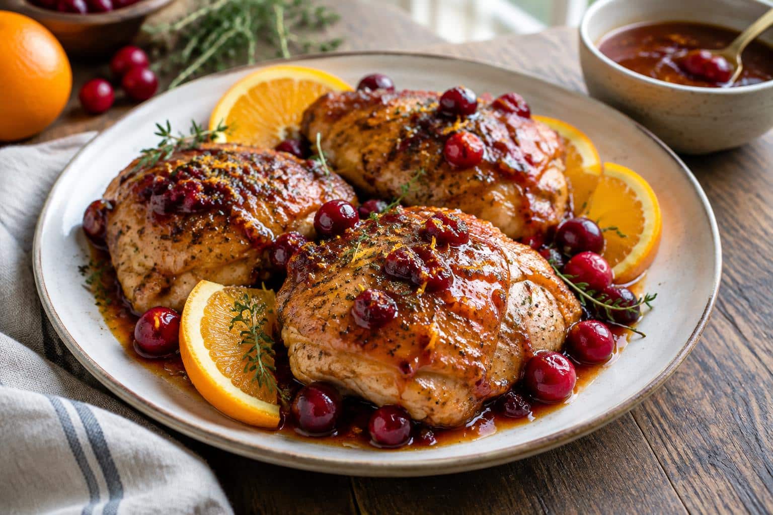 Zesty baked chicken thighs with orange-cranberry glaze on rustic plate with garnish