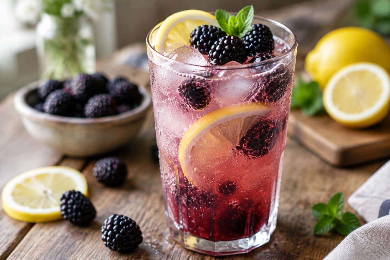 Zesty blackberry lemonade mocktail in a glass garnished with fresh blackberries and lemon slices