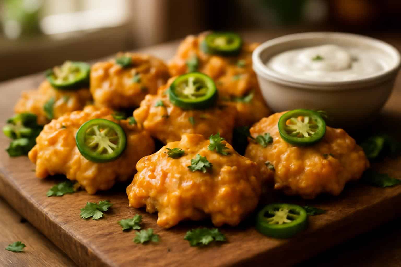 Baked zesty cheesy jalapeno ranch chicken poppers with creamy ranch dip on wooden board