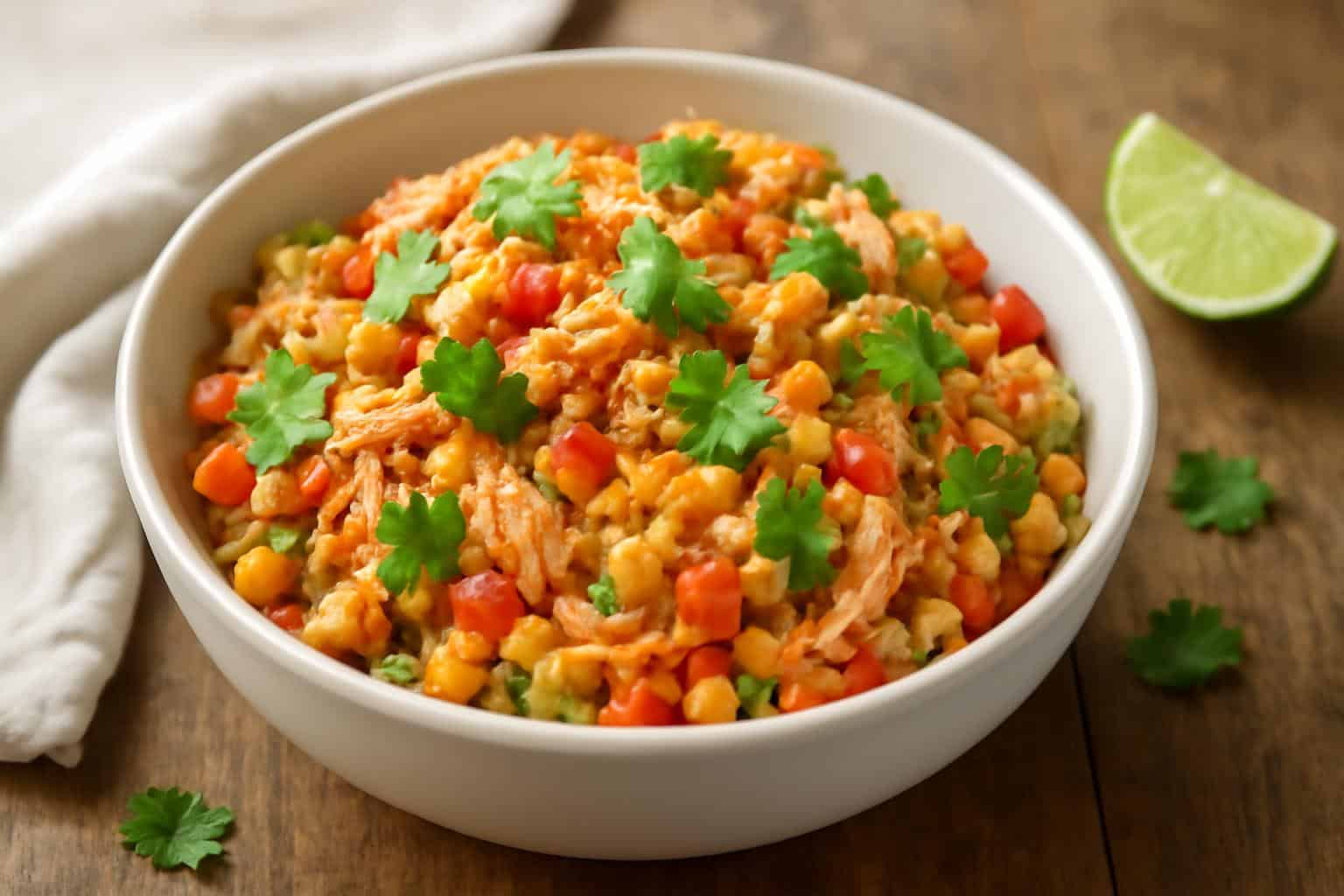 Zesty chipotle lime chicken salad with fresh cilantro and lime garnish in a bowl