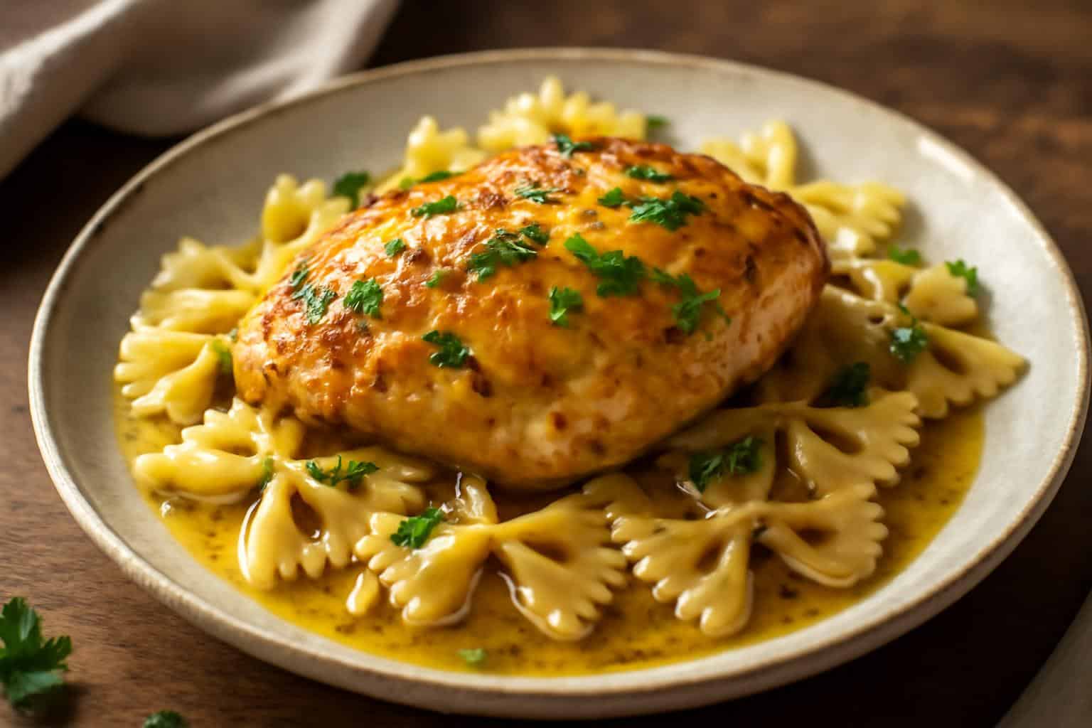 Zesty cowboy butter chicken served with lemon and bowtie pasta in cowboy butter chicken style