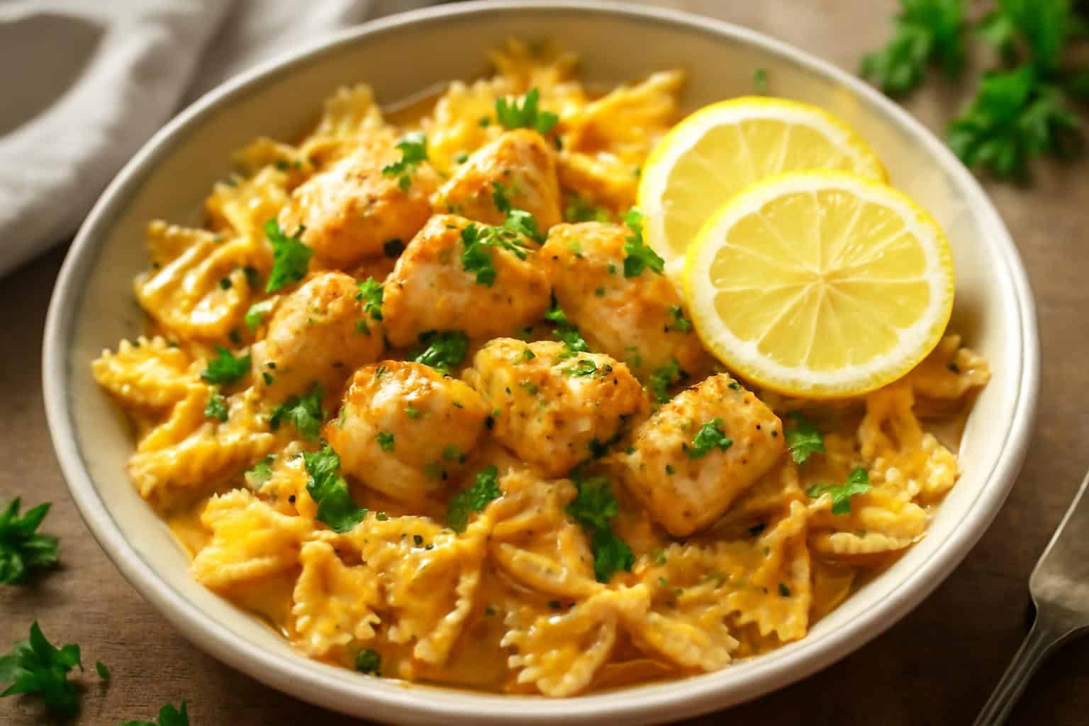 Zesty cowboy butter chicken served with lemon and bowtie pasta in a creamy sauce garnished with parsley