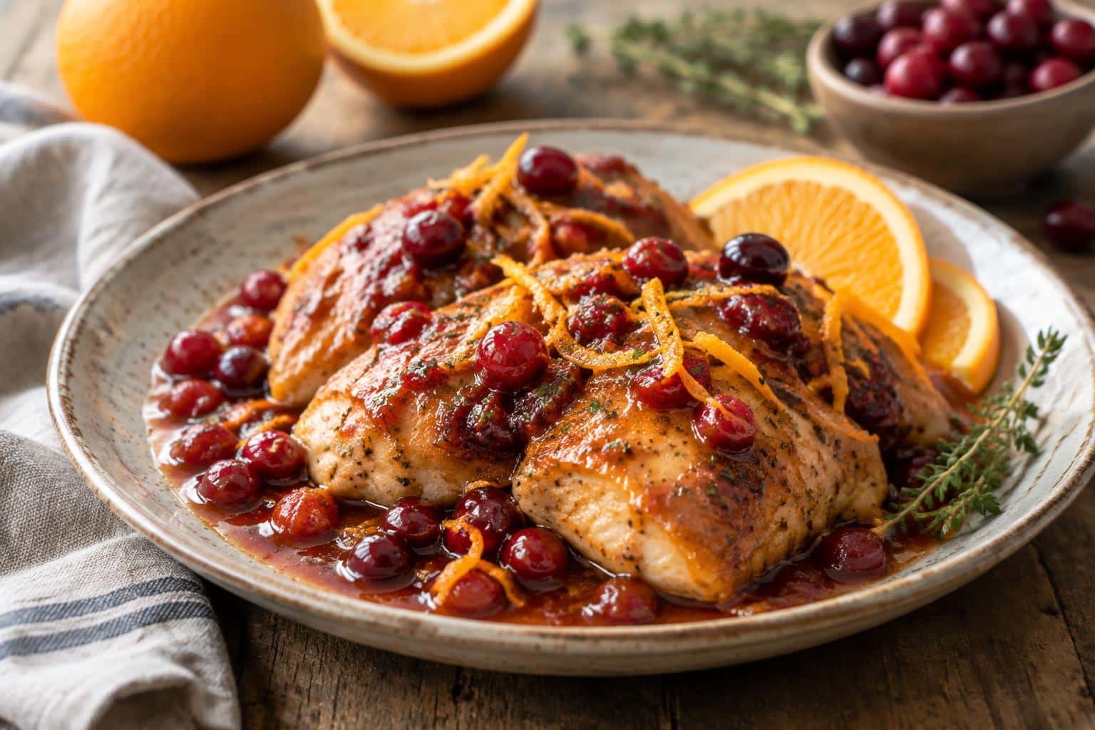 Close-up of cranberry orange chicken with fresh orange zest and cranberries, showcasing cranberry orange chicken dish