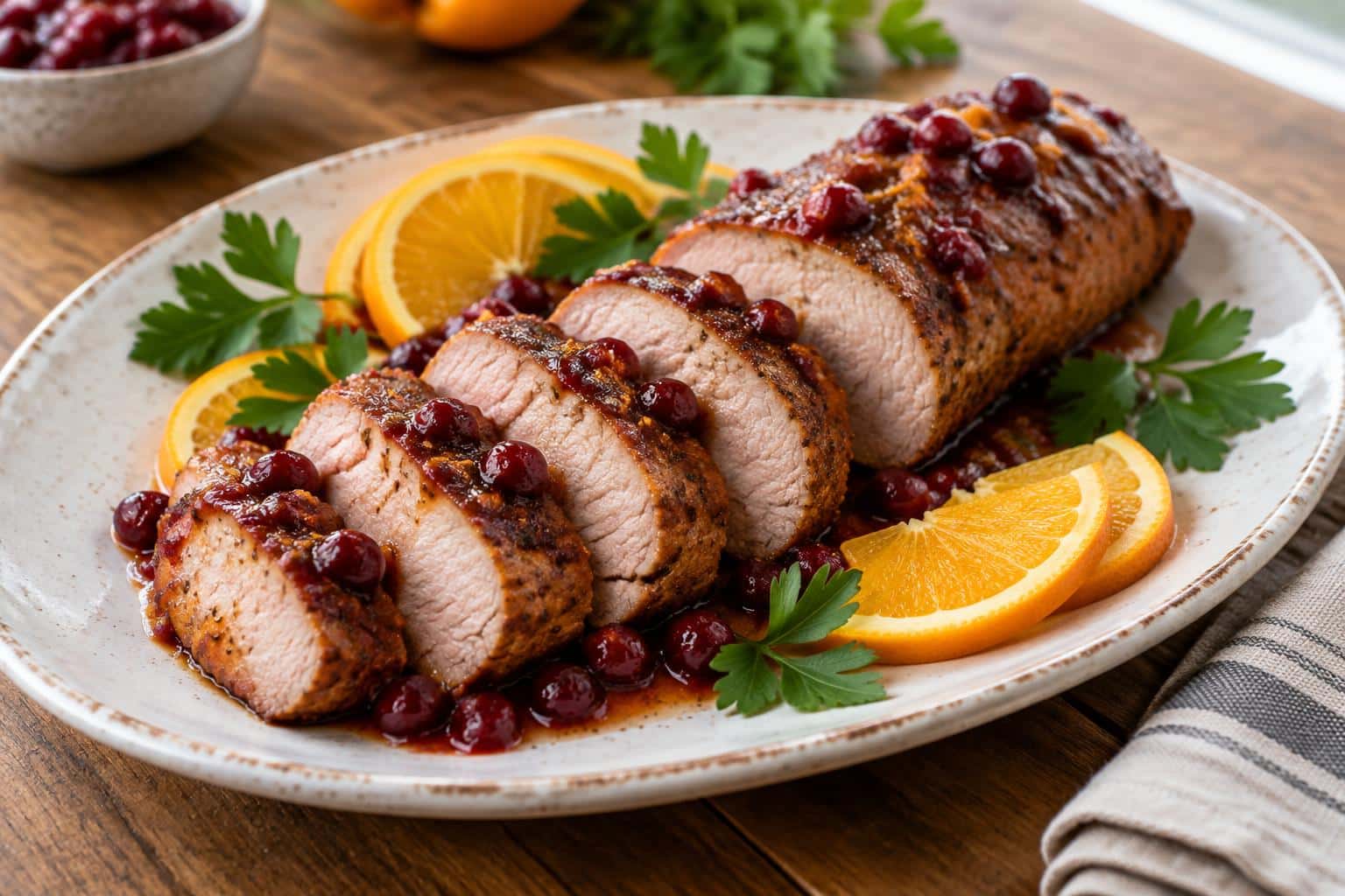 Cranberry-orange pork tenderloin sliced and garnished with fresh orange and parsley