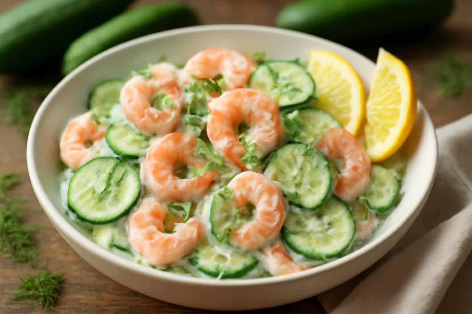 Zesty creamy cucumber shrimp salad served in white bowl with lemon and dill garnish