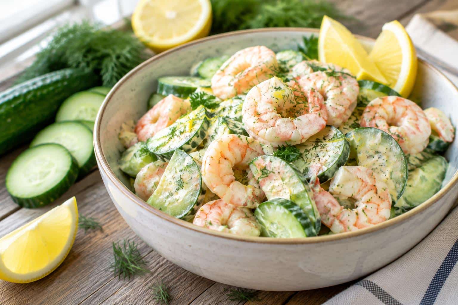 Zesty creamy cucumber shrimp salad with fresh cucumber slices and shrimp in a bowl