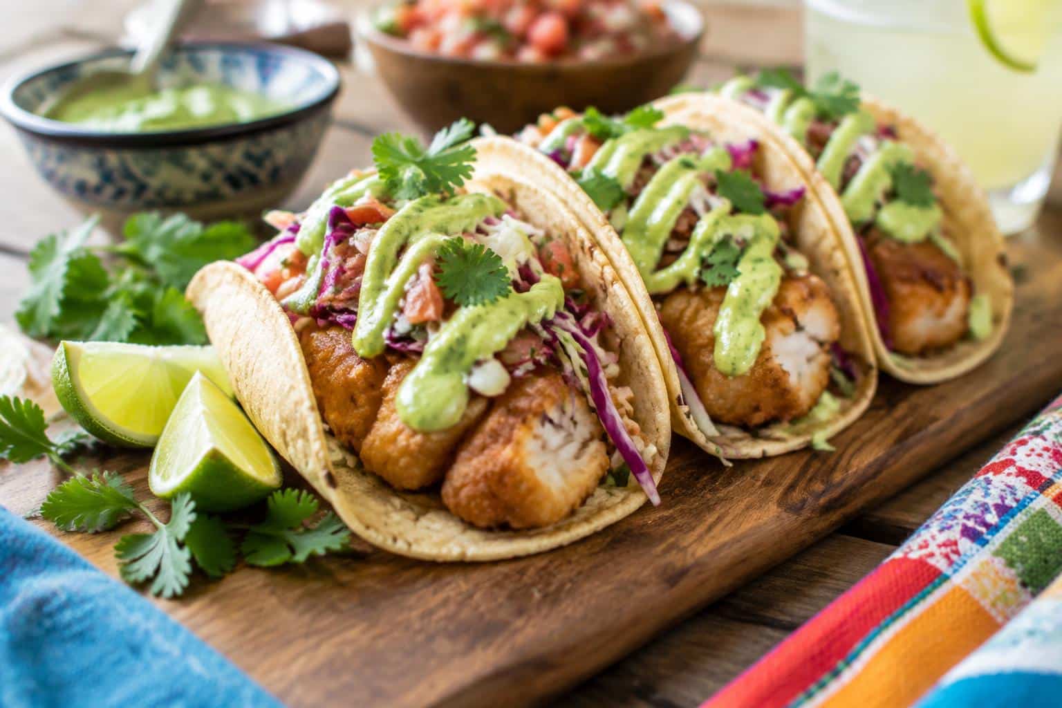 Zesty crispy baja fish tacos with creamy avocado drizzle and fresh lime wedges