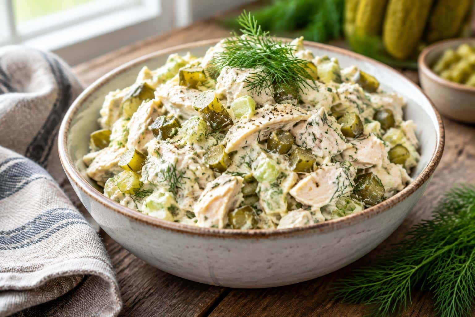 Zesty crunchy dill pickle chicken salad with fresh dill garnish in a bowl