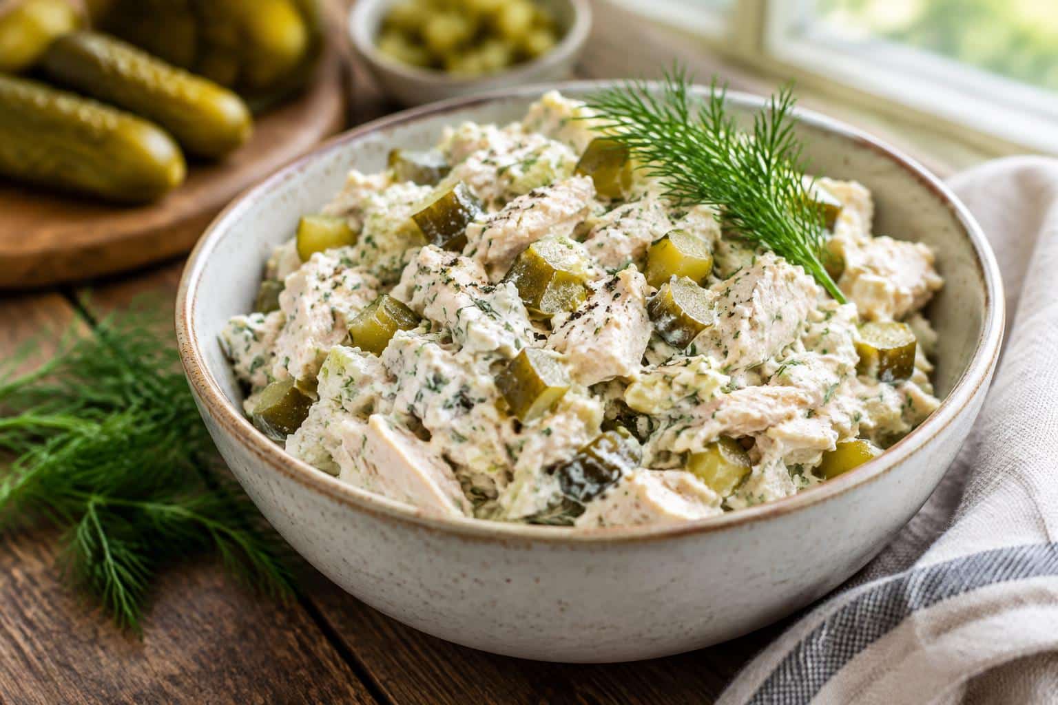 Zesty crunchy dill pickle chicken salad served in a bowl with dill garnish