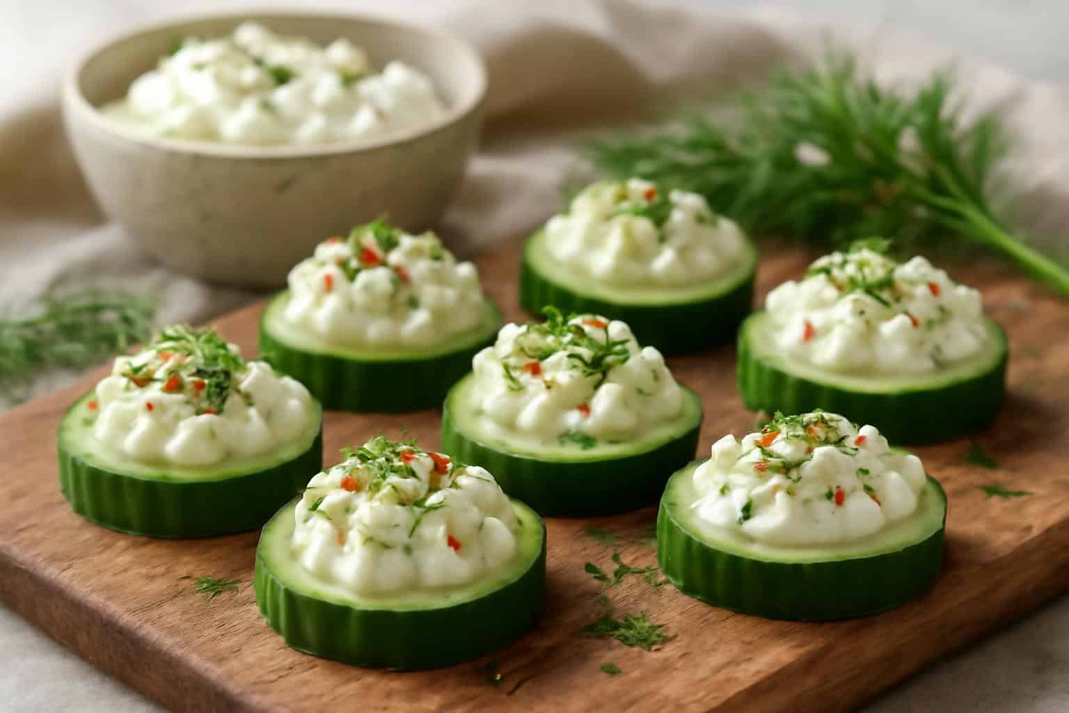 Zesty cucumber cottage cheese bites topped with herbs and red pepper flakes on rustic wooden board