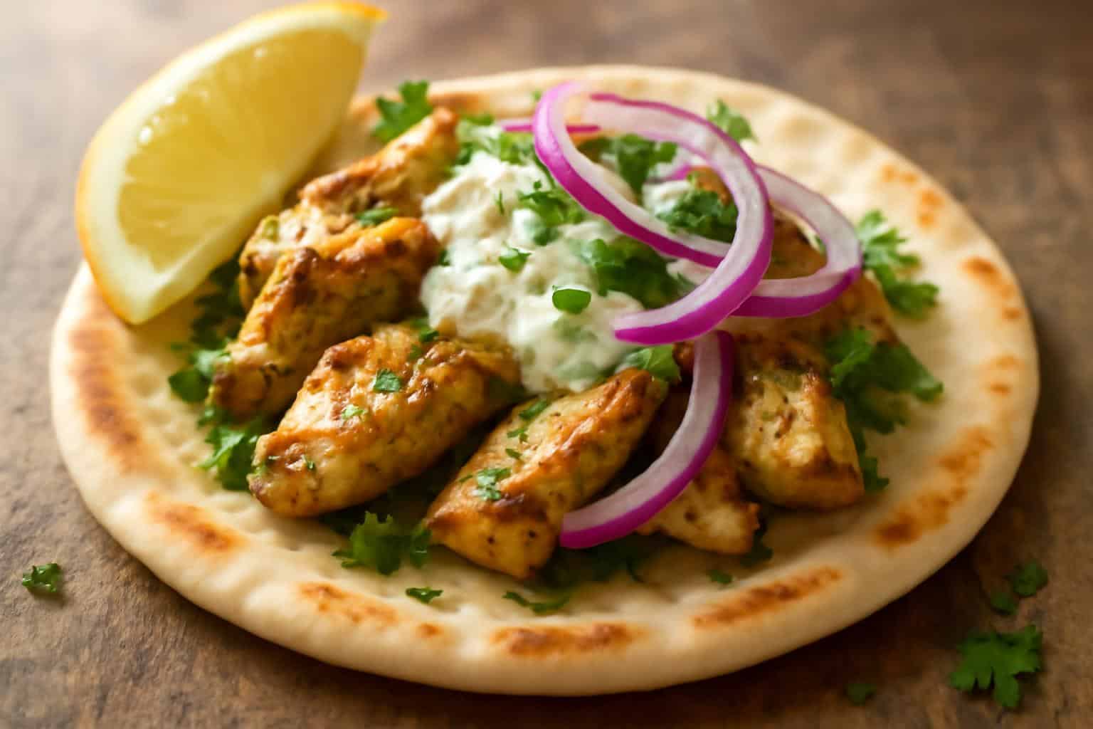 Zesty Greek chicken gyros with lemon-herb marinade and creamy tzatziki sauce on warm pita bread
