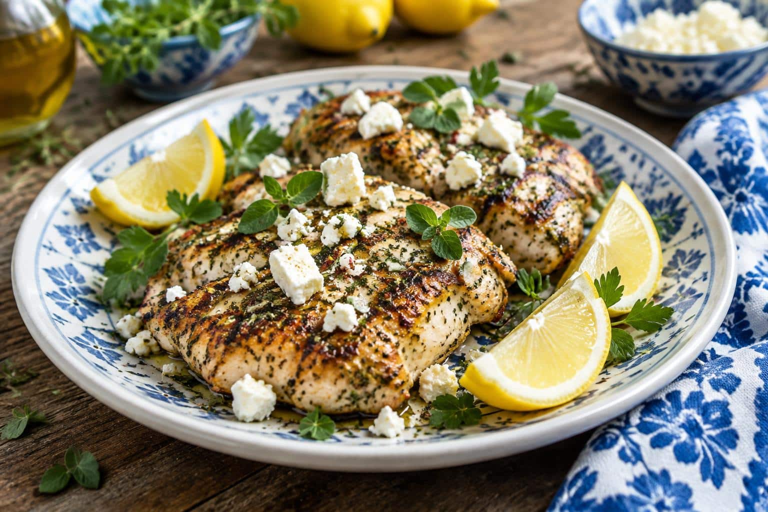 Zesty Greek chicken with lemon and feta garnished with fresh herbs on a rustic plate