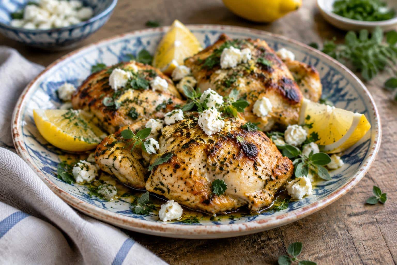 Zesty Greek chicken baked with lemon and feta garnished with fresh herbs on a ceramic plate