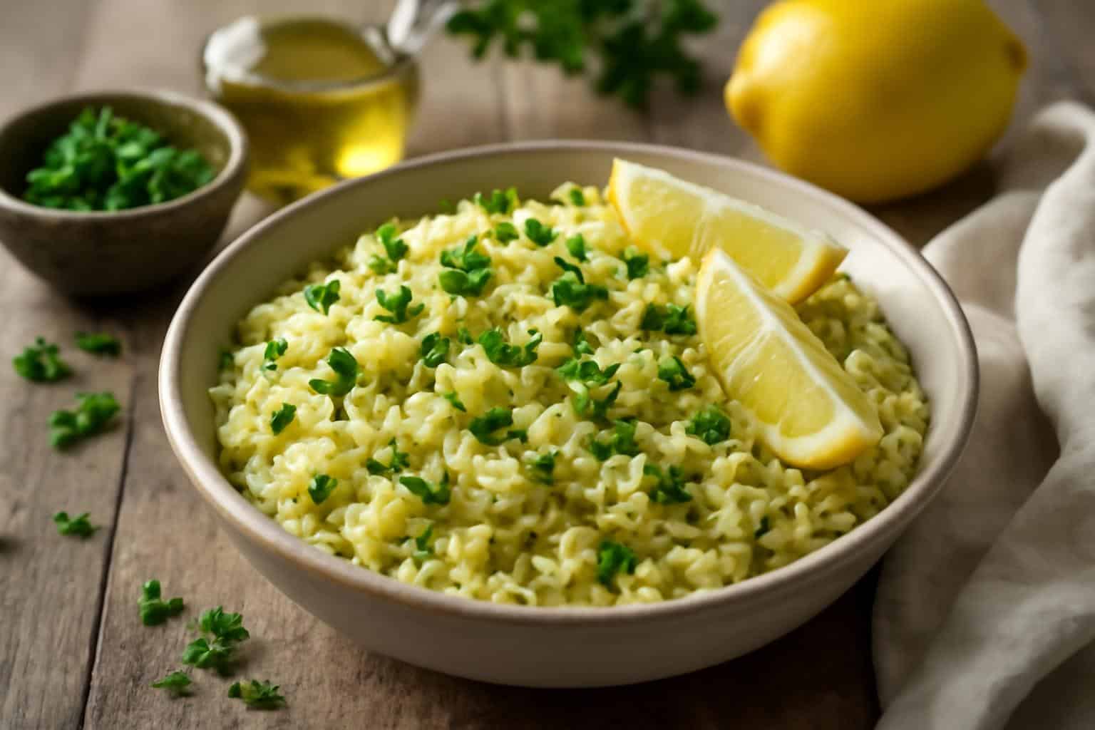 Zesty Greek lemon rice garnished with fresh parsley and lemon wedges, showcasing bright flavor and fluffy texture