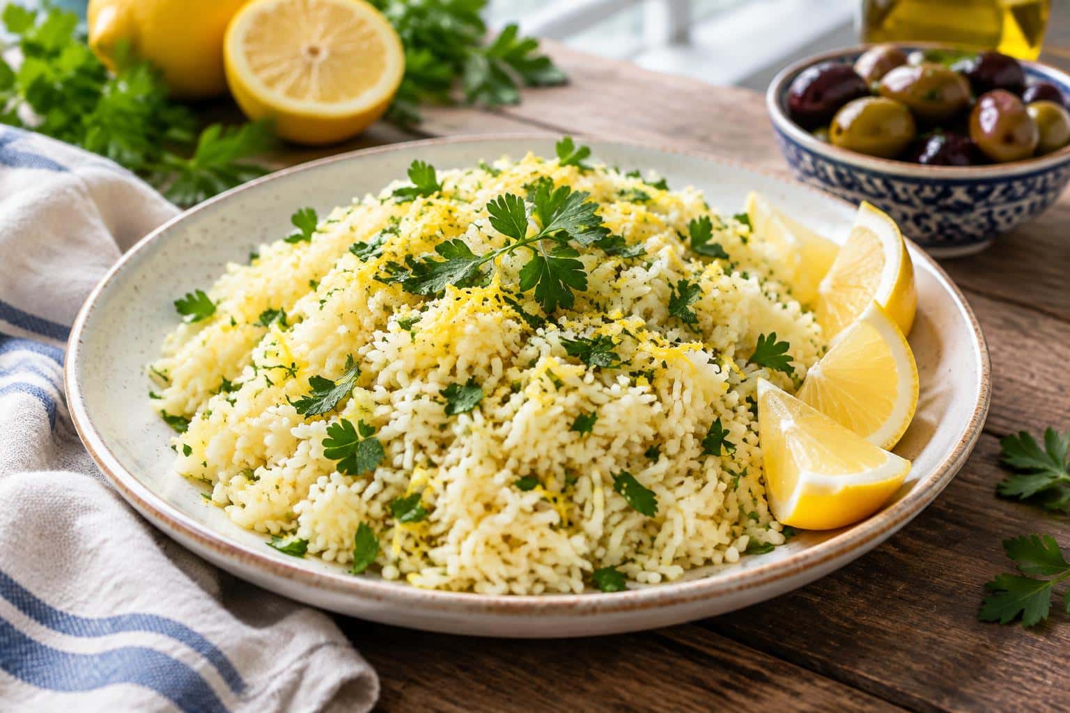 Zesty Greek lemon rice served on a rustic plate garnished with fresh parsley and lemon wedges