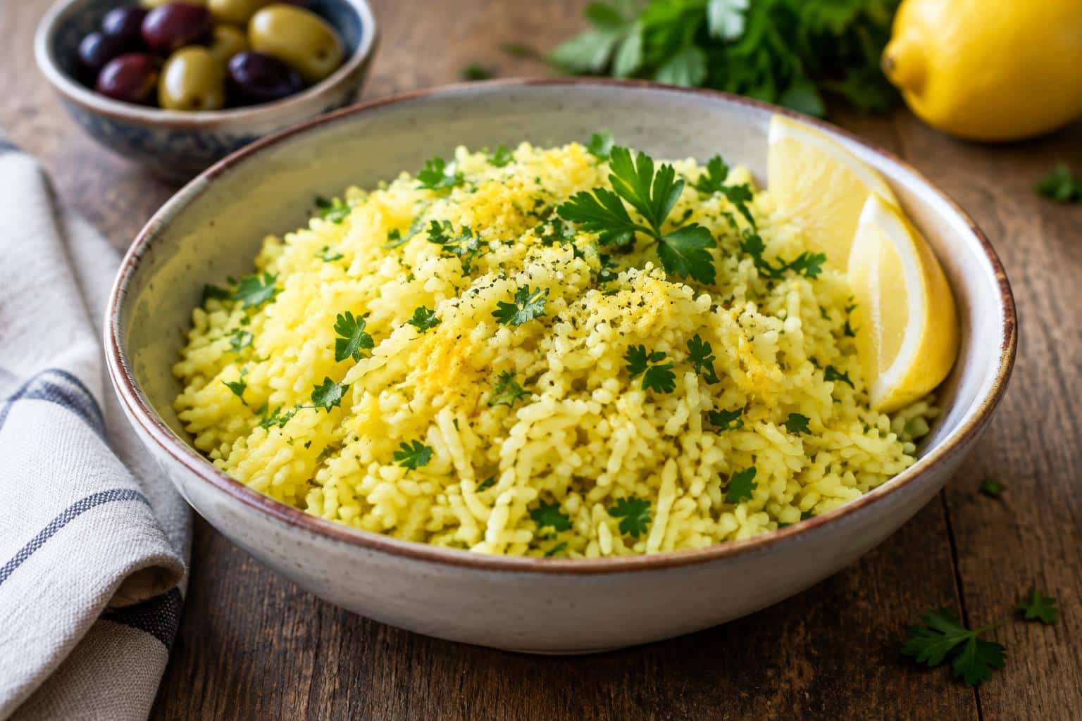 Bowl of zesty Greek lemon rice garnished with lemon wedges and parsley on rustic table